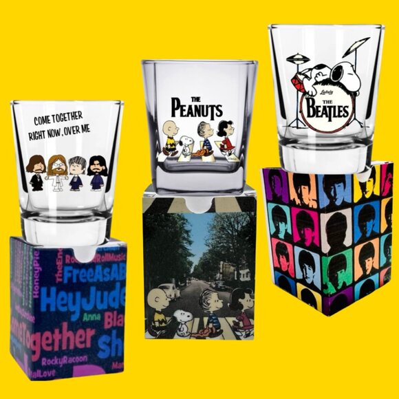 THE BEATLES/PEANUTS Character SHOT GLASS/ BOX SET - Picture 1 of 8